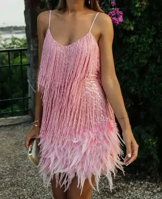 Tassel Sequins Dress Feather Spaghetti Straps Mini Dresses Summer Party Club Evening Dresses Vestidos