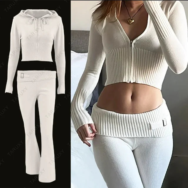 Spring Outfits Zipper Sweater Hoodie Set High Waist Flare Pants Suits Pink Knitted Y2k Two Piece Set