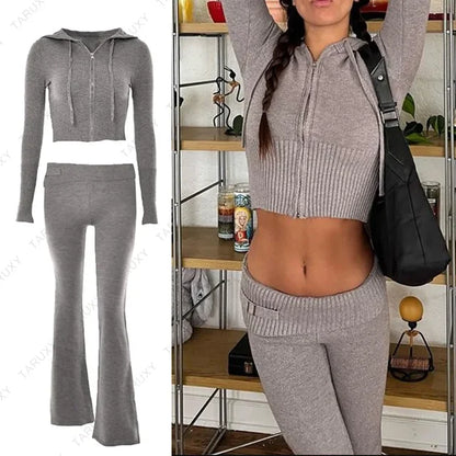 Spring Outfits Zipper Sweater Hoodie Set High Waist Flare Pants Suits Pink Knitted Y2k Two Piece Set