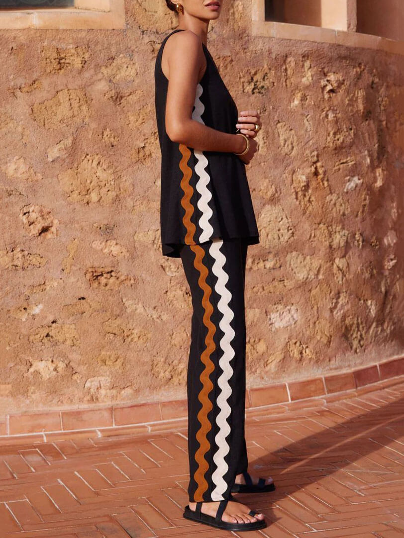 Sleeveless Loose Slit Top and Wide-leg Pants Set