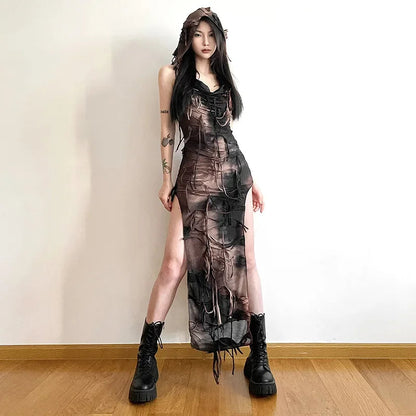 Tassel Gothic Hooded Midi Dress Fairy Grunge Y2k High Split Sleeveless Tie Dye Dress