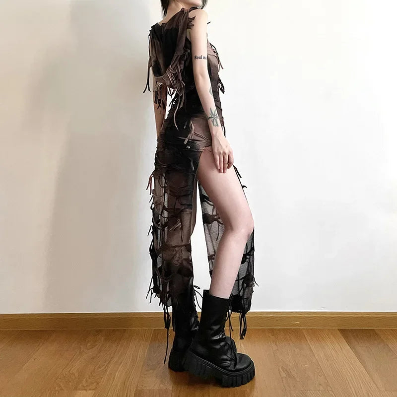 Tassel Gothic Hooded Midi Dress Fairy Grunge Y2k High Split Sleeveless Tie Dye Dress