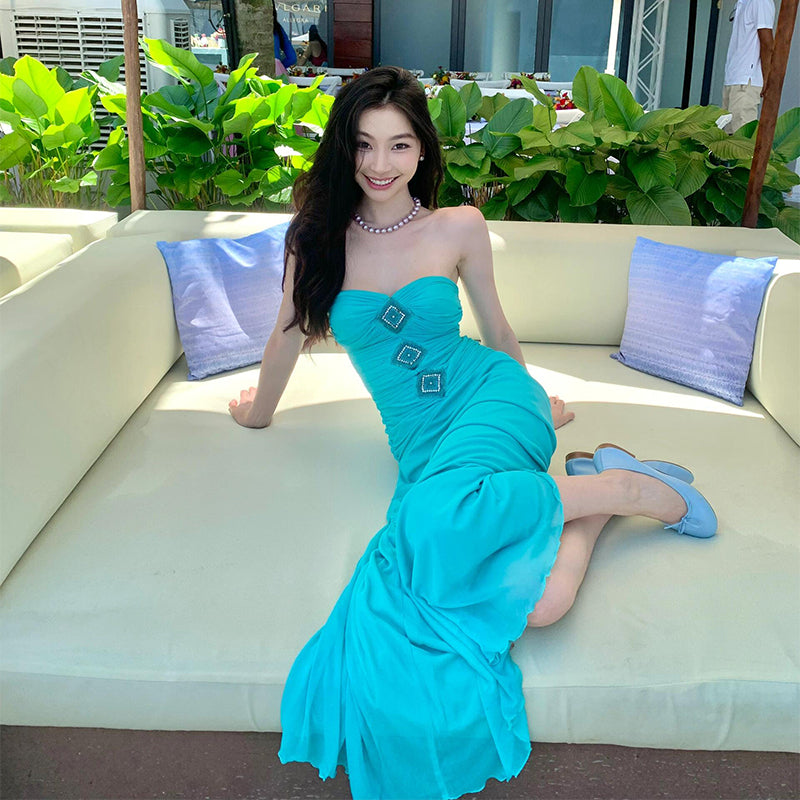 Teal Strapless Corset Maxi Dress Sophisticated & Slimming Vacation Look