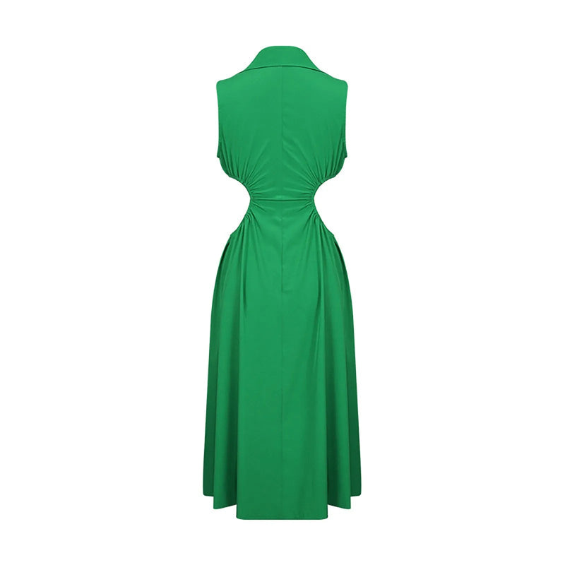 Tempting Cut Out A-line Turn-down Collar Sleeveless High Waist Slim Midi Dress