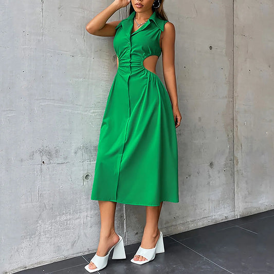 Tempting Cut Out A-line Turn-down Collar Sleeveless High Waist Slim Midi Dress
