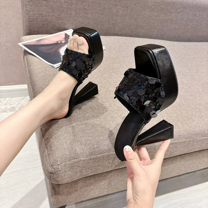 Temperamental Outdoors Platform Shoes Peep Toe Bling Square Head High-heel High Heel