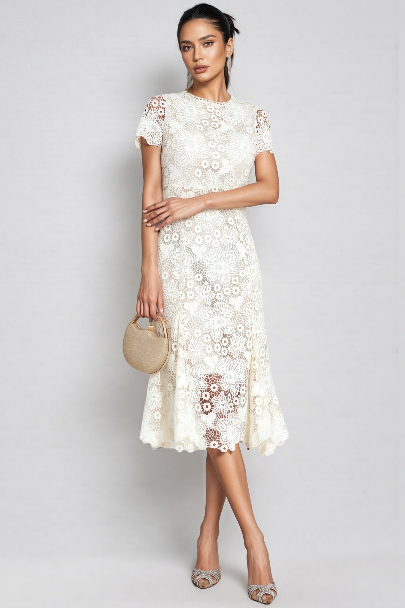 Nolaty Beige Lace Mermaid Maxi Dress
