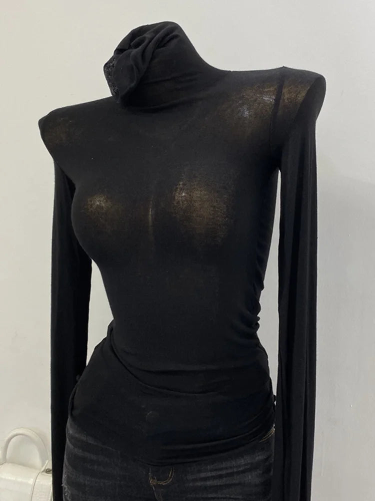 Thin Soft American Long Sleeve T-shirt High Stacked Neck Tight Perspective Bottom Shirt ’s Slim Fit Tops