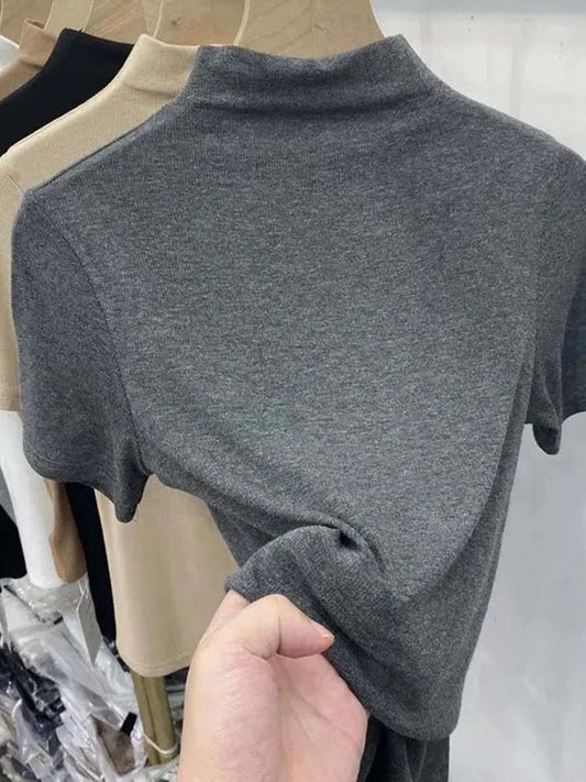 Threaded Short Sleeves T-shirts Summer New Turtleneck Slim Elastic Long-sleeved Female Buttoming Pulls Top Tees