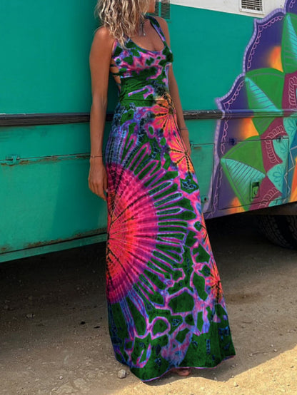Tie-dye Print Back Lace-up Stretch Maxi Dress