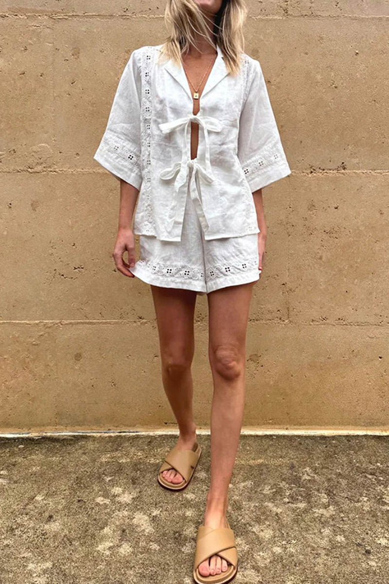Tie-up Jacquard Hollow Out Shirt Shorts Suits