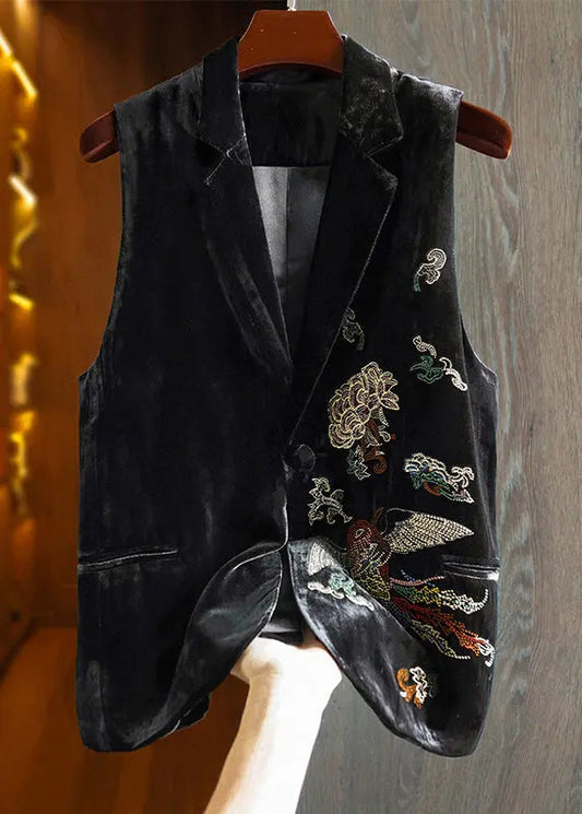 Embroidered Button Silk Velour Waistcoat Sleeveless