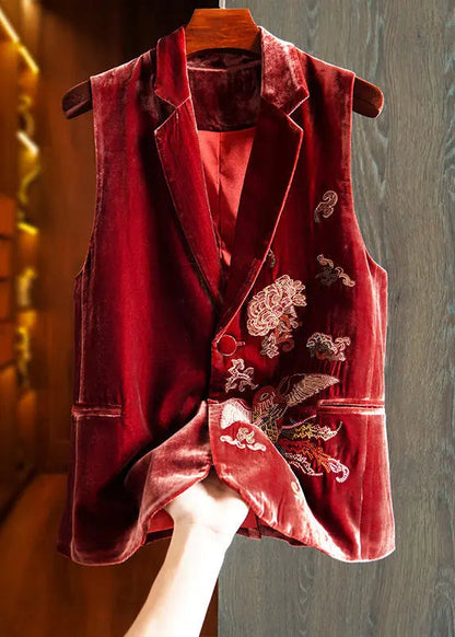 Embroidered Button Silk Velour Waistcoat Sleeveless