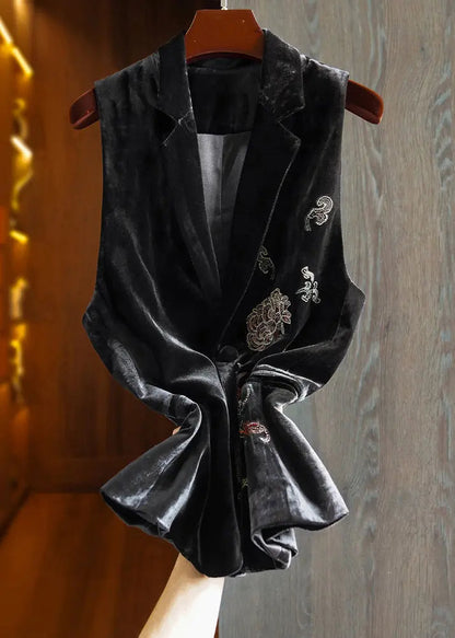 Embroidered Button Silk Velour Waistcoat Sleeveless