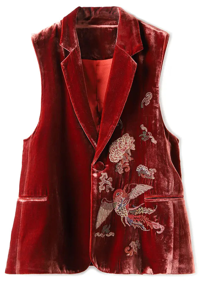 Embroidered Button Silk Velour Waistcoat Sleeveless