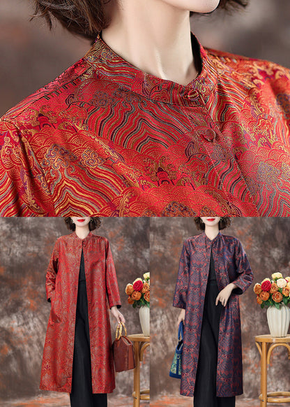 Purple Pockets Silk Coats Stand Collar Long Sleeve Aa1007