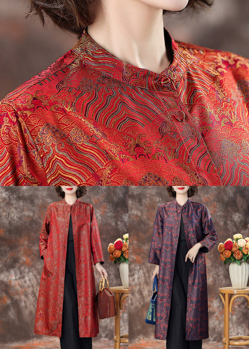 Purple Pockets Silk Coats Stand Collar Long Sleeve Aa1007
