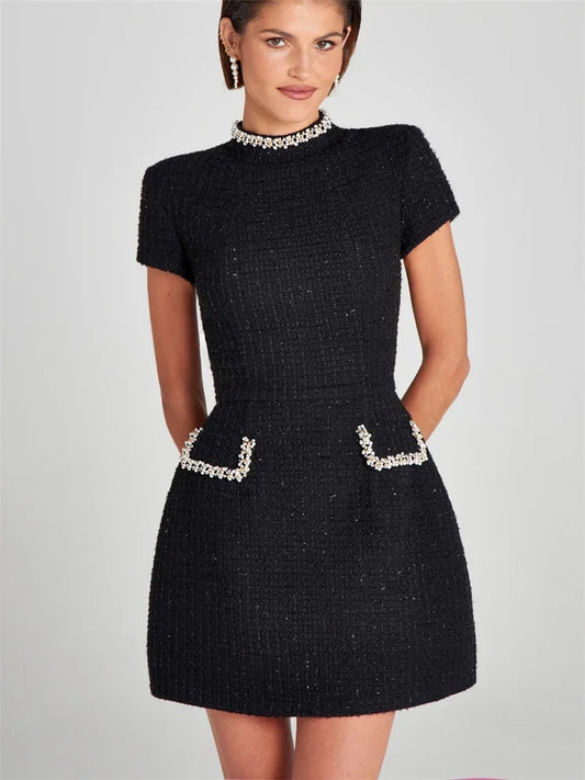 Tosssy Shiny Female Mini Dress Pocket Short Sleeve Patchwork Slim Party Dress Gown ’s Glitter Vntage Dress