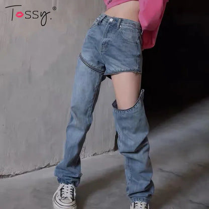 Zipper Removable Jeans Straight Leg Trousers High Waist Y2k E- Denim Pants New
