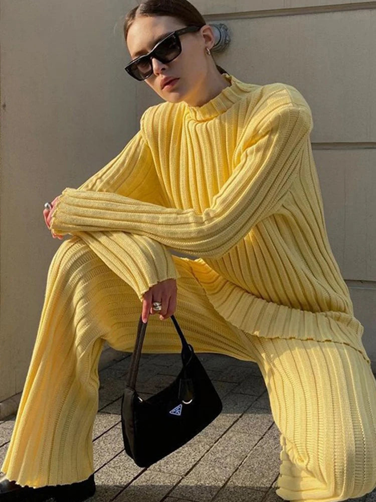 New Ribbed Outfits Knitted Long Sleeve Sweater Top and Pants 2 Piece Sets Loose Tracksuit Suit