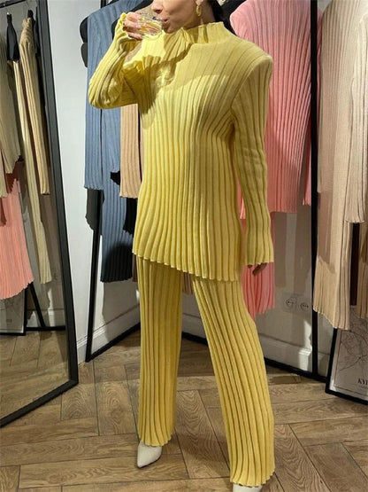 New Ribbed Outfits Knitted Long Sleeve Sweater Top and Pants 2 Piece Sets Loose Tracksuit Suit