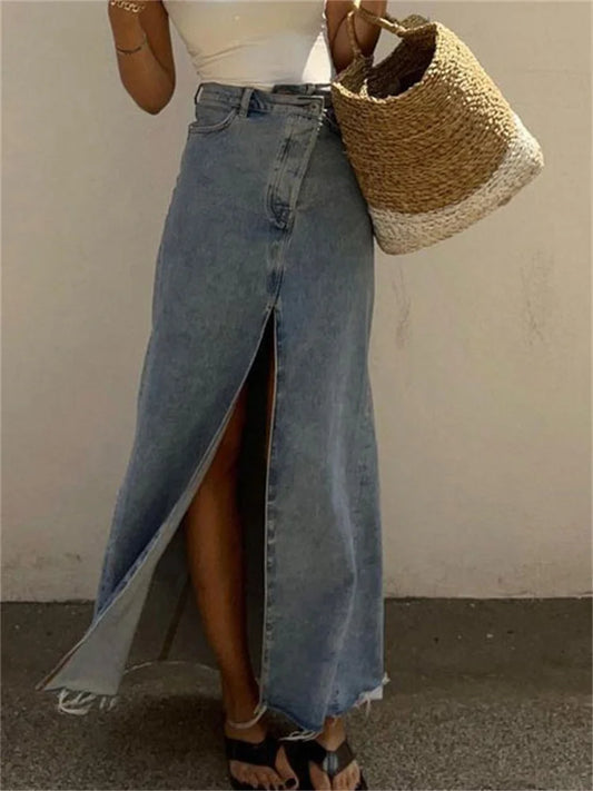 New High Waist Denim Skirts Spilt Out Maxi Jean Skirt Summer Holiday Long Skirts