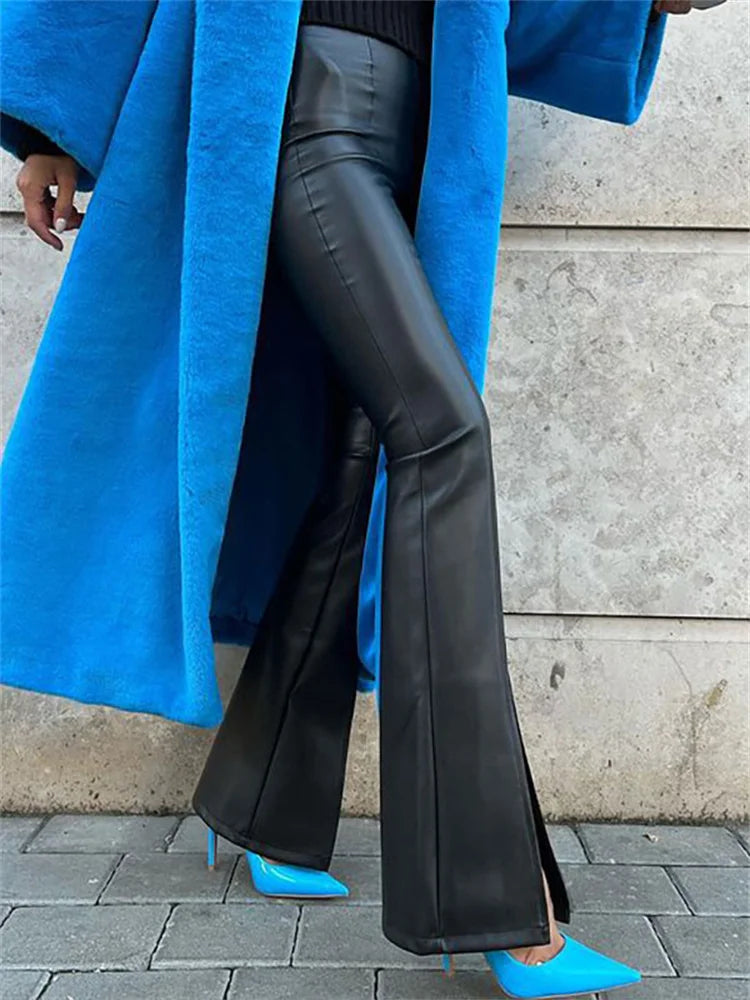 New Pu Leather Spilt Out Flared Pants White Slim High Waist Trousers Wide Leg Pants for Spring