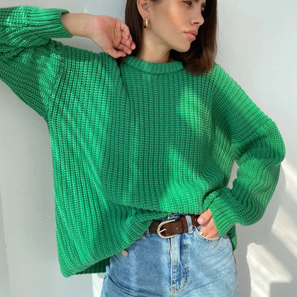 Autumn Waffle Knit Oversized Green Sweater Long Sleeve Loose Thickening Pullovers Female Knitted Tops