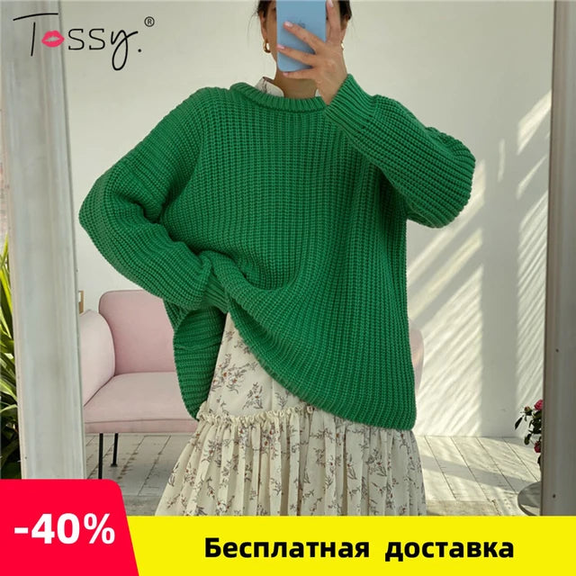 Autumn Waffle Knit Oversized Green Sweater Long Sleeve Loose Thickening Pullovers Female Knitted Tops