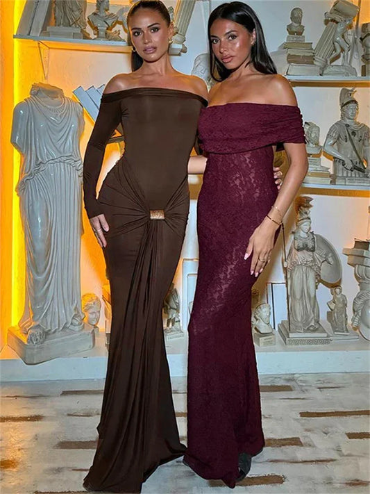 Autumn Backless Long Dress High Waist Slim Pleated Patchwork Off-shoulder Party Dress ’s Bodycon Dress