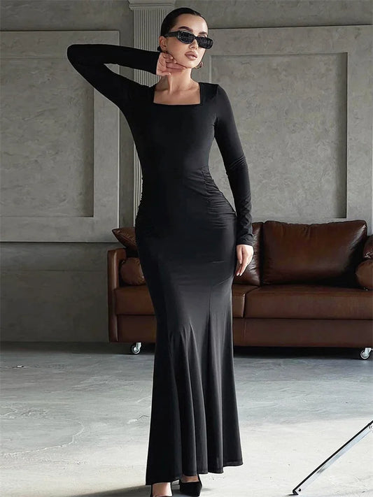 Autumn Black Maxi Dress ’s Square Collar High Waist Slim Party Dress Gown Female Long Dress New