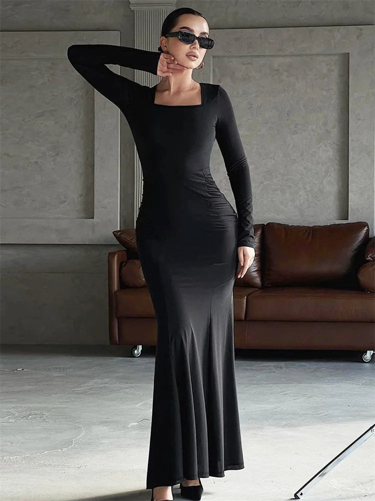 Autumn Black Maxi Dress ’s Square Collar High Waist Slim Party Dress Gown Female Long Dress New