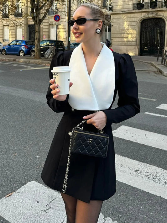 Autumn Mini Dress for Patchwork Slim Long Sleeve V-neck High Waist Commute Female Party Dress