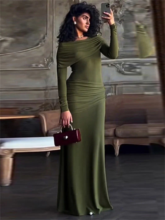 Autumn Patchwork Long Dress Female Slim High Waist Skinny Party Dress Gown Pleated Bodycon Dress