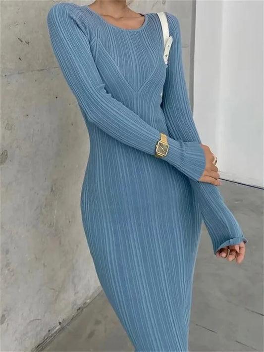 Autumn Slim Long Dress Female Knitwear Slim High Waist Patchwork Long Sleeve Party Dress Knit Dress