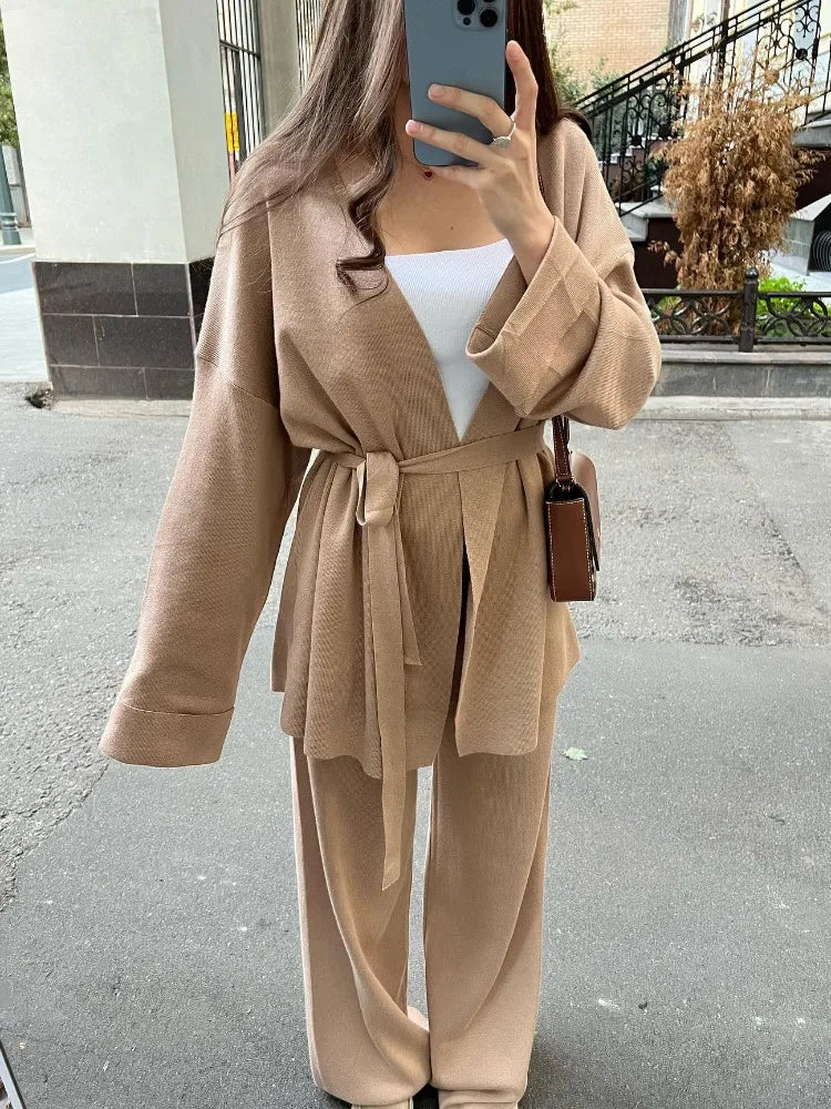 Autumn Knit 3 Piece-set for Outfits Lace-up Vest Outwear Wide Leg Trousers Outfits Pleated Sets