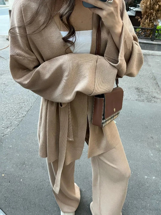 Autumn Knit 3 Piece-set for Outfits Lace-up Vest Outwear Wide Leg Trousers Outfits Pleated Sets