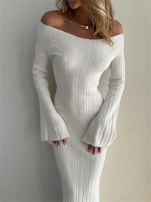Autumn Knit Ribbed Long Dress Off-shoulder Slim High Waist Patchwork Party Dress Female Maxi Dress Knitwear