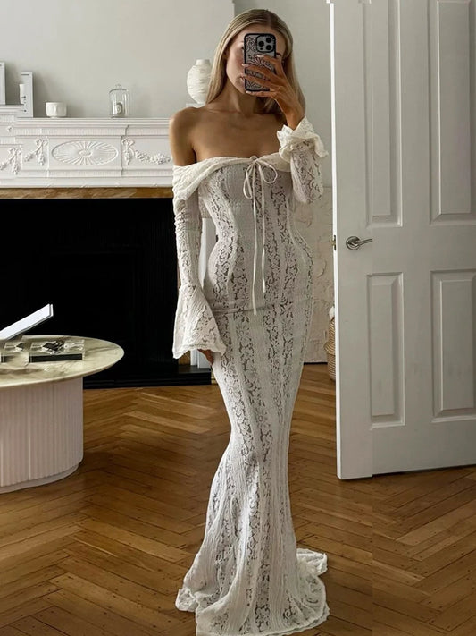 Autumn Lace Off-shoulder Long Dress for See-through Printed Lace-up High Waist Female Party Dress New