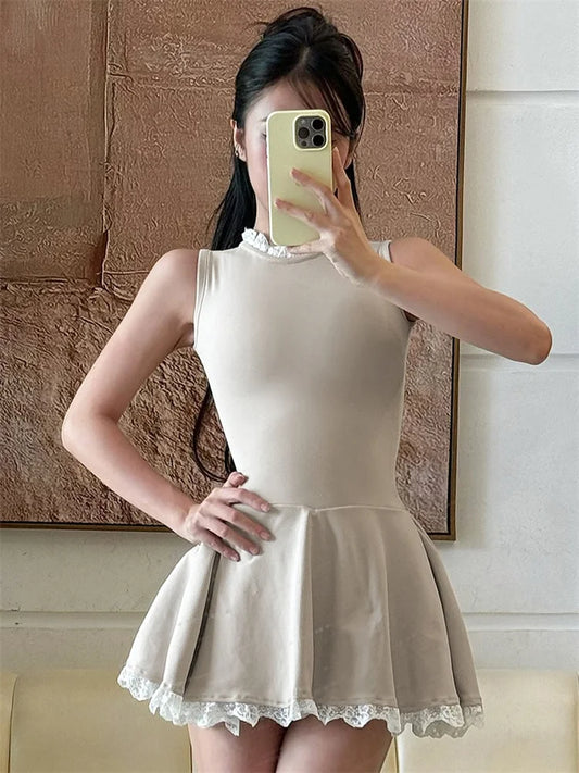 Autumn Lace Patchwork Mini Dress for Ruffled Sleeveless Slim Party Dress Gown Female High Waist Dress