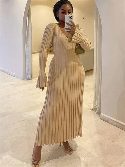 Autumn New V-neck Knit Maxi Dress Ribbed Long Sleeve High Waist Pleated Dresses Knitwear