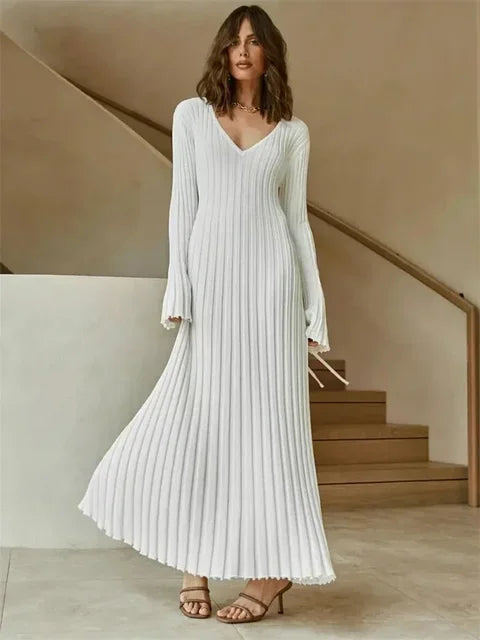Autumn New V-neck Knit Maxi Dress Ribbed Long Sleeve High Waist Pleated Dresses Knitwear