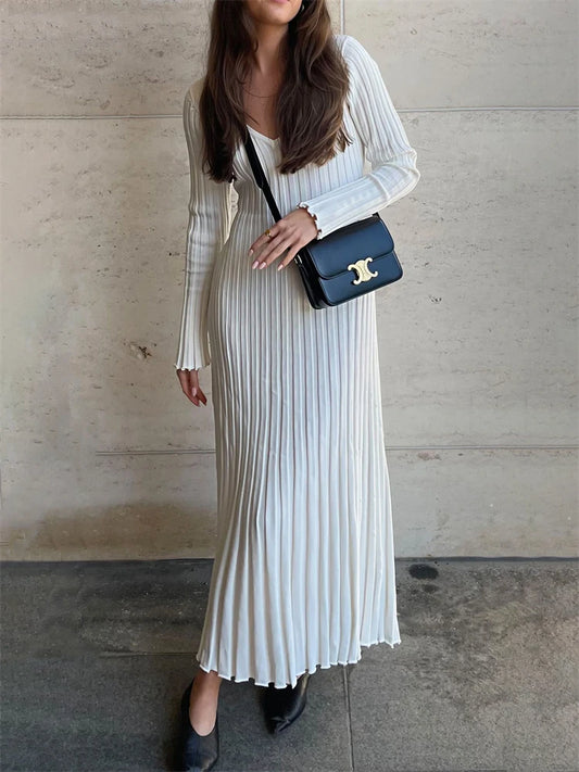Autumn New V-neck Knit Maxi Dress Ribbed Long Sleeve High Waist Pleated Dresses Knitwear