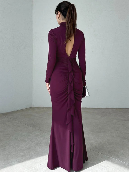 Autumn Pleated Hollow Out Maxi Dress ’s Slim High Waist Backless Party Dress Female Long Dress