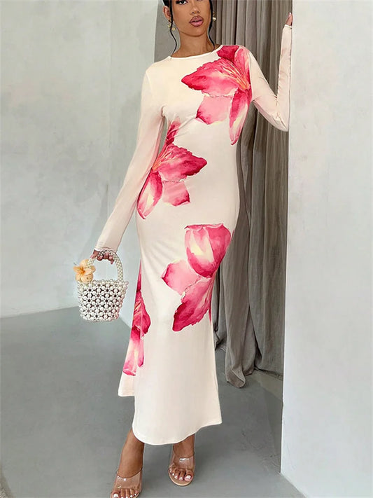 Autumn Printed Slim Maxi Dress ’s Contrast Long Sleeve High Waist See-through Dress Female Long Dress New