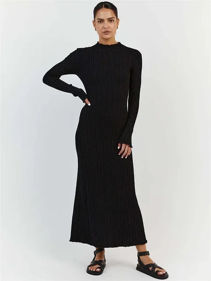 Autumn Ruffled Knitwear Long Dress Female Long Sleeve Loose Ribbed High Waist Maxi Dress Knit Dress
