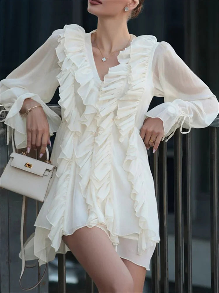 Autumn Ruffled Lace-up Mini Dress ’s V-neck Lace-up Patchwork Slim Commute Clothes Female Bandage Party Dress