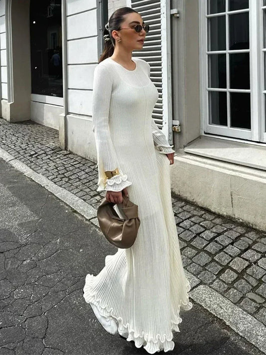 Autumn Ruffled White Maxi Dress Backless Lace-up Slim Ribbed Long Sleeve Patchwork Dress Knitwear Female Long Dress