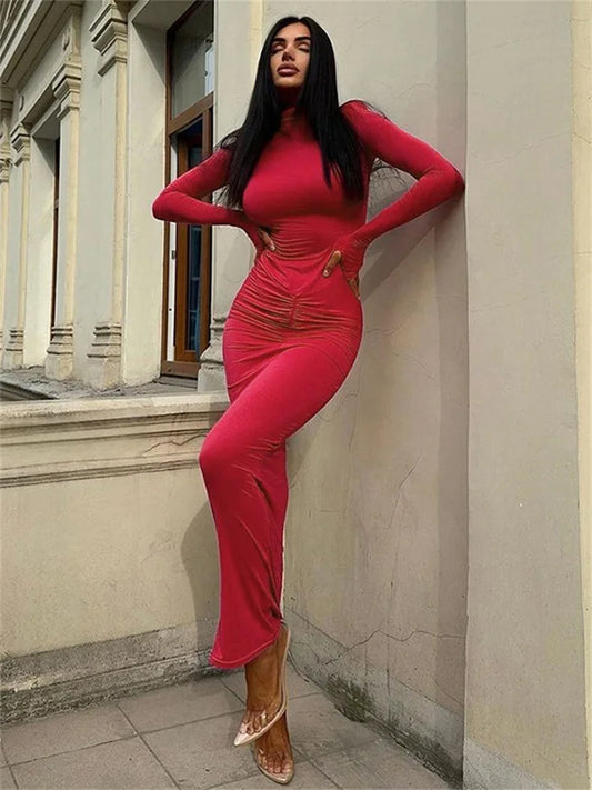 Autumn Turtleneck Skinny Long Dress ’s High Waist Long Sleeve Patchwork Party Dress Female Maxi Dress