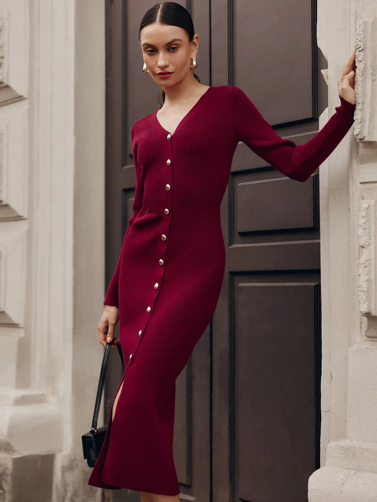 Autumn V-neck Knit Long Dress for Ribbed Patchwork Cardigan Slim Party Dress Female Knitwear Maxi Dress